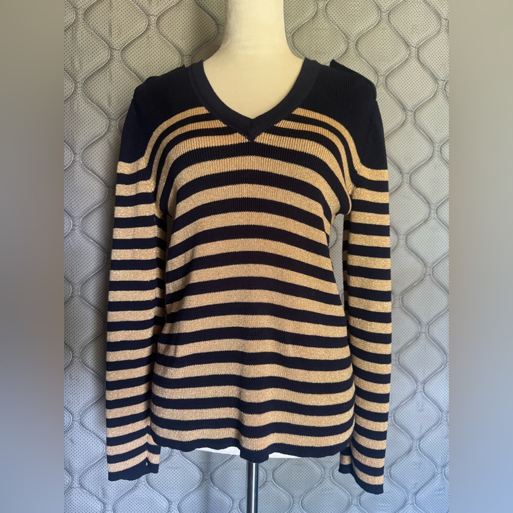 Ralph Lauren Navy Blue Gold striped V Neck Long Sleeve Pullover Sweater L